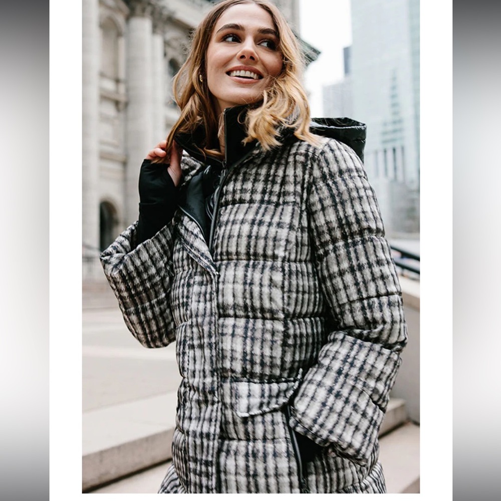 Nikki Jones Women's Black, White  and Taupe Plaid Puffer Coat